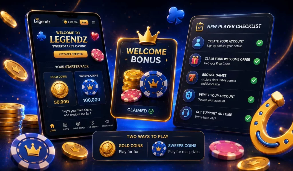 Legendz Casino new player guide with 500 GC and 3 SC welcome bonus